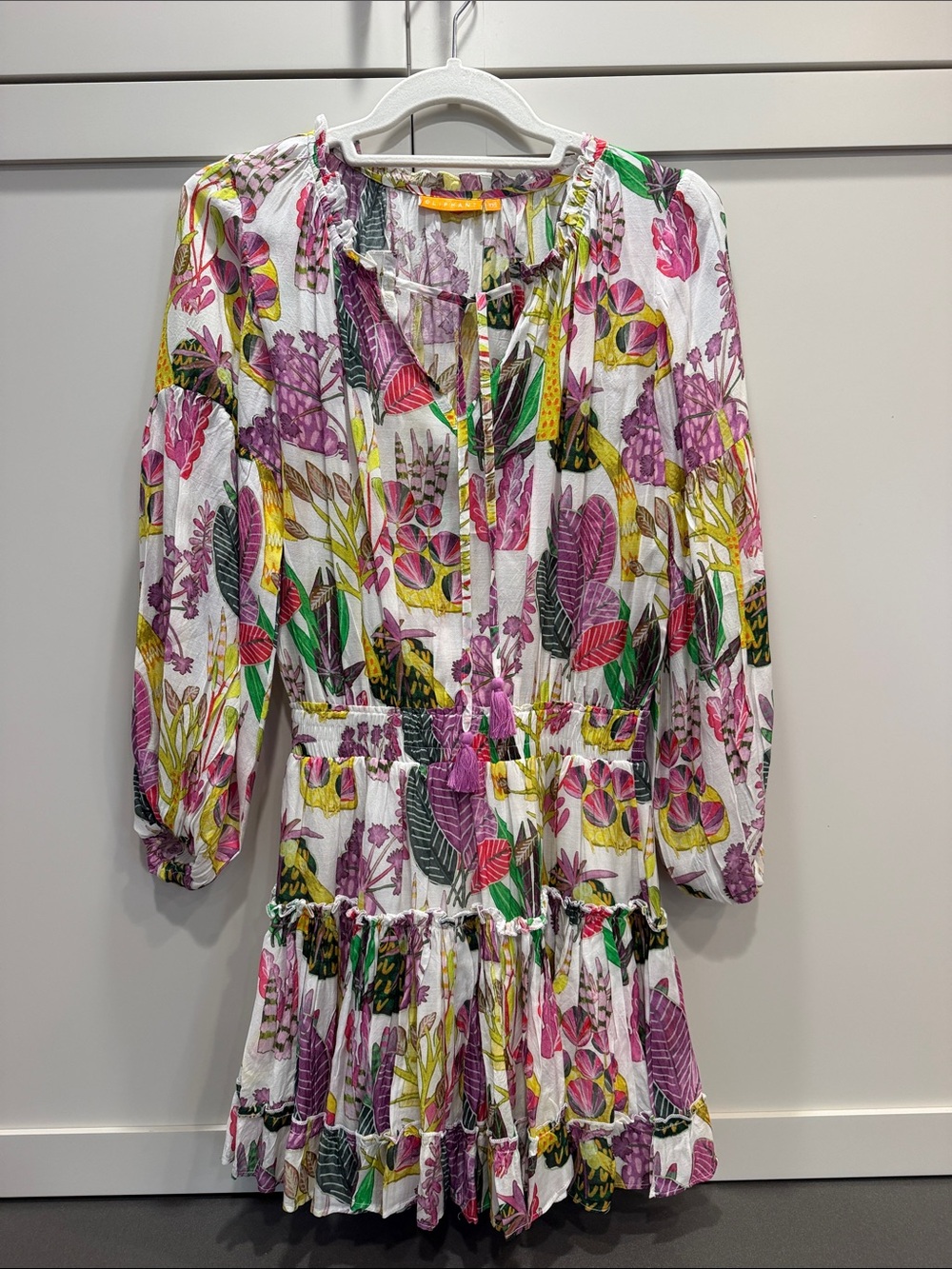 Oliphant Bohemian Floral Tiered Mini Dress in White and Pink